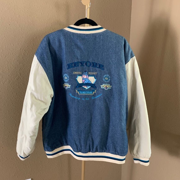 Vintage Disney Store Eeyore Denim Varsity Jacket Size L Winnie the Pooh - Picture 2 of 10